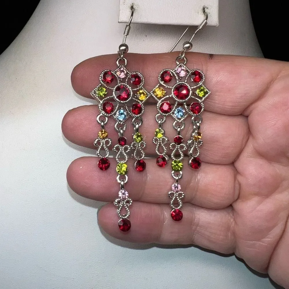 Silver Tone and Colorful Crystal Boho Chandelier Earrings - Picture 6 of 7